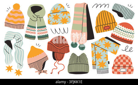 Cozy winter hats and scarves collection with knitted beanies, earflap caps, and warm scarves in flat vector aesthetic illustration style Stock Vector
