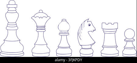 Outline Chess Pieces Doodle Collection. Strategy Game Figures Pawn Knight Bishop Rook Queen King Hand Drawn Set. Isolated Vector Illustration Line Art Stock Vector