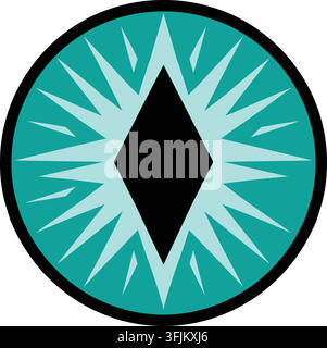 Flat illustration of a circular turquoise eye with a sharp black diamond shaped pupil surrounded by pale radial rays Stock Vector