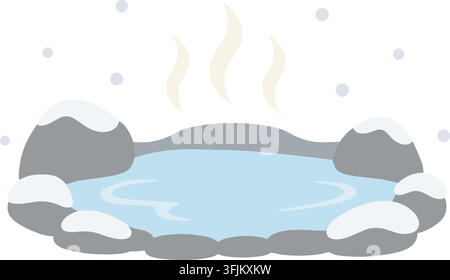 Flat illustration of a pale blue outdoor hot spring surrounded by gray rocks topped with snow and gentle steam rising in winter Stock Vector