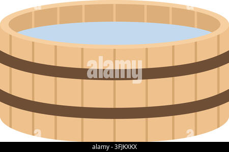 Flat illustration of a circular wooden soaking tub with pale blue water horizontal wooden planks and two dark reinforcing bands Stock Vector