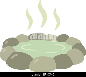 Flat illustration of a soft green hot spring pool surrounded by olive and beige stones with light green steam rising above Stock Vector