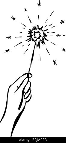 Hand drawn vector illustration of a human hand holding a burning sparkler candle with bright sparks and stars in minimalist line art doodle style. Stock Vector