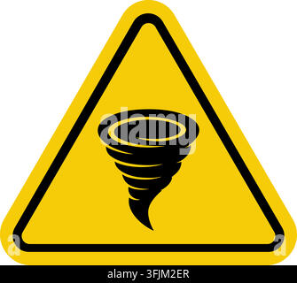A yellow triangular warning sign with a black tornado icon indicates a severe weather hazard. Stock Vector