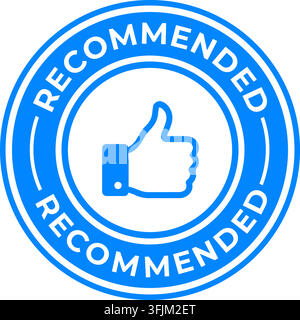 A blue circular recommended stamp with a white thumbs-up icon indicates approval and positive feedback on a white background. Stock Vector