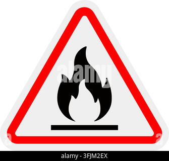 A triangular warning sign with a red border and a black flame icon on a white background indicates a fire hazard. Stock Vector