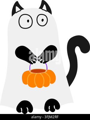 Cute black cat in ghost costume holding pumpkin basket. Cartoon Halloween whimsical character for trick or treat design. Vector illustration Stock Vector