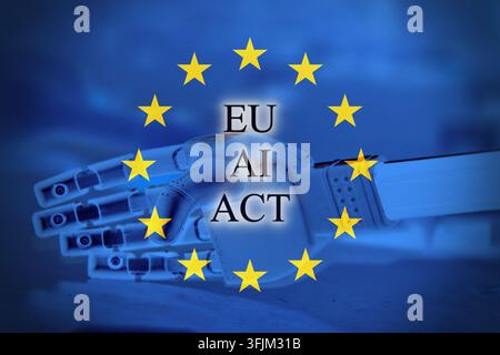 Close-up of a robotic hand with a European Union flag overlay featuring the words “EU AI Act”. The conceptual image represents artificial intelligence Stock Photo