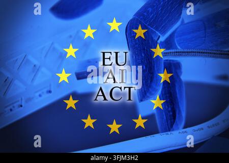 Close-up of a robotic hand using a cable with a European Union flag overlay featuring the words “EU AI Act”. The conceptual image represents artificia Stock Photo