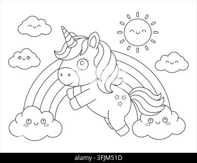 Rainbow and clouds outline coloring page vector illustration with a cute magic unicorn Stock Vector