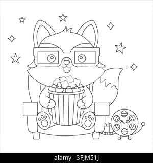Movie night outline coloring page vector illustration with a cute fox eating popcorn Stock Vector