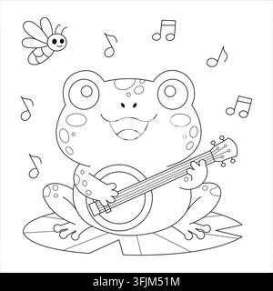Happy Frog Playing Guitar On Lily Pad With Music Notes Outline Coloring Page For Kids Vector Stock Vector
