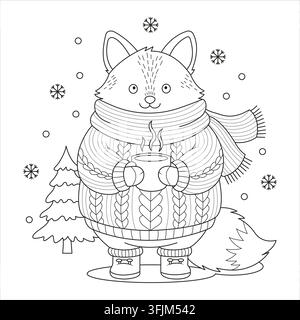 Winter cozy fox outline coloring page vector illustration with a hot coffee cup Stock Vector