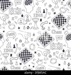 Chess Seamless Pattern Doodle. Strategy Game Board Hand Move Clock Trophy Crown Idea Line Art Black Hand Drawn Texture on White Background for Fabric Stock Vector