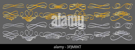 Elegant golden and silver swirls set on dark background. Vector illustration of classic ornamental flourishes for vintage frames, calligraphy designs, borders, and dividers, calligraphy scrolls Stock Vector