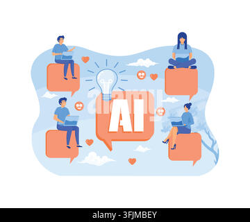People chatting with AI chat bot and get smart solution. Artificial Intelligence robot communicate with human natural language provide smart solutions Stock Vector