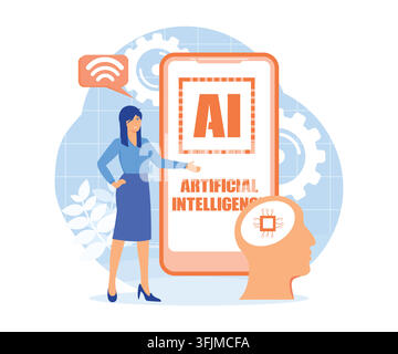 Artificial intelligence concept. Digital brain with neural network. AI chip, machine learning, analysis information. flat vector modern illustration Stock Vector