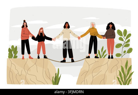 Asking for help mental health support group of diverse women holding hands bridging gap over chasm teamwork unity nature background Stock Vector