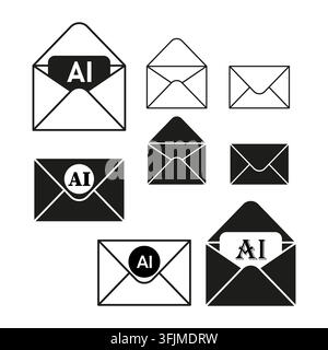 Black white open envelope shape flat vector set features ai text. It represents artificial intelligence digital mail eps 10 Stock Vector