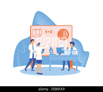 People in white coat, chemical researchers with laboratory equipment. Of scientist in laboratory, science experiment in lab. flat vector modern illust Stock Vector
