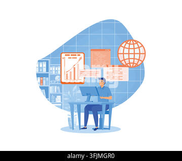 Man working with big data and databases, using laptop and excel tables. Office worker making analysis and report with spreadsheets on computer. flat v Stock Vector