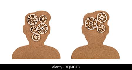 Wooden human head silhouette with gears inside symbolizing thought, ideas, and cognitive processes isolated on white background Stock Photo
