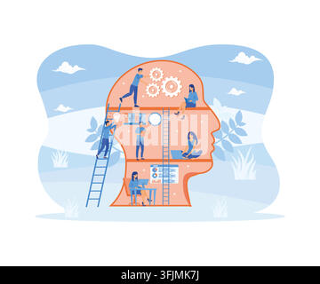 Self development, profile of human head with people developing mental issues. Woman starting cognitive wheels, male painting picture, ladders to succe Stock Vector