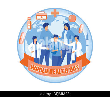 A medical staff group of doctors and nurses standing in front of the globe earth celebrating world health day. flat vector modern illustration Stock Vector