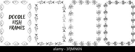 Doodle fish frame set with sketchy pencil texture. Rectangular borders for children photos, baby cards Stock Vector