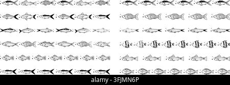 Hand drawn fish divider set with mackerel, sardine in doodle style. Cute kid borders for photo frames, greeting cards, baby design Stock Vector