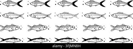 Fish dividers with sketchy pencil texture. Hand drawn doodle borders for baby cards, children photo frames Stock Vector