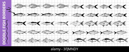 Doodle fish border elements with pencil texture. Cute kid dividers for photo frames, greeting cards, baby design Stock Vector