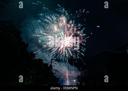 A large firework explodes in a flower-like burst over rooftops and power lines, lighting up the dark night sky with vivid orange and red sparks. Stock Photo