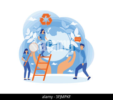 Group of people or ecologists taking care of Earth for web banner, infographics, mobile website. Environmental protection, renewable energy. flat vect Stock Vector