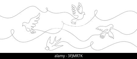 Vector doodle continuous one line art drawing of white flying dove. Hand drawn minimal single linear pigeon bird symbol of freedom or peace. Thin outline silhouette love icons for wedding invitation Stock Vector