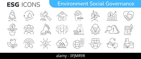 ESG icon set. Environment social governance outline editable stroke collection. Environmental responsibility with renewable energy, global protection, solar panel, recycling, carbon dioxide reduction Stock Vector