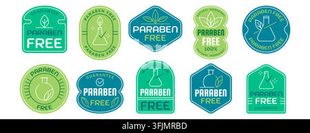 Paraben free badge logo vector set. Emblems for healthy, eco friendly products. Natural ingredients stamps, non preservatives, toxic, artificial chemicals icon labels for cosmetics packaging design Stock Vector