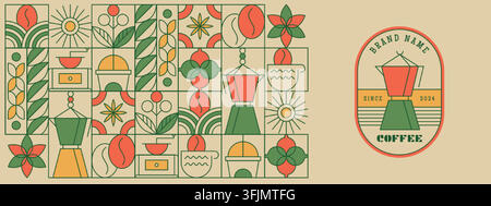 Abstract geometric coffee shop logo design with slogan in minimalist style. Vector seamless pattern background with hand drawn line art plant leaves, beans, drink cups, outline elements for cafe menu Stock Vector