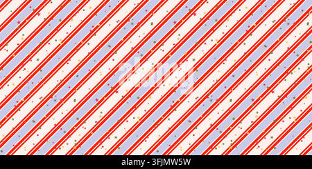 Diagonal seamless cane stripe pattern scattered with colorful stars and confetti dots. Xmas traditional gift bg Stock Vector