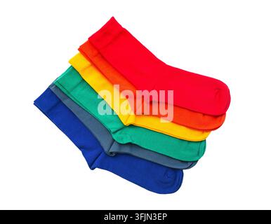 Row of colored socks isolated on white, clipping path Stock Photo
