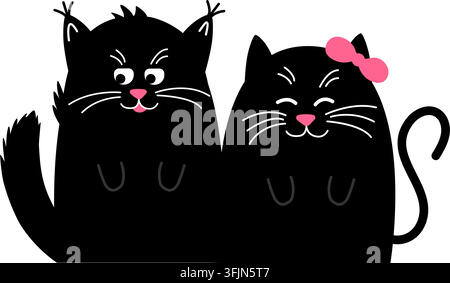 A cute cat is sitting, Mysterious and graceful. A black cat and a kitty. Vector animation illustration in a flat style. Stock Vector