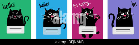 The notebook. exercise book. A cute cat is sitting with an attentive gaze. A black cat or a kitty. Vector animation illustration in a flat style Stock Vector