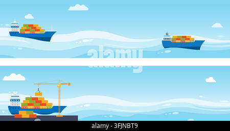 Sea barge loads cargo at port. Sea transportation logistic. Maritime shipping. Vector cartoon illustration isolated on white background. Stock Vector