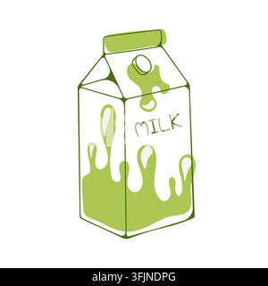 Milk carton with green splash in hand drawn line art style, organic beverage packaging concept, minimalist vector illustration. Stock Vector