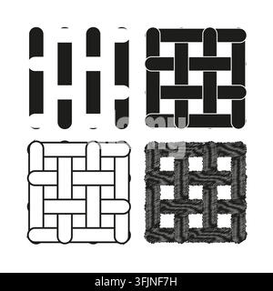 Wicker woven weave grid feature black vector set. This lattice pattern highlights abstract fabric textile backgrounds. Stock Vector