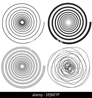 Spiral scribble line vector set features chaotic circle sketch. It represents creative abstract drawing. Stock Vector
