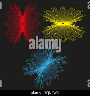 Spirograph string art vector set features colorful line rosette. It represents creative abstract ornament. Stock Vector