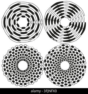 Checkered mosaic circle mandala feature black vector set. This geometric optical illusion highlights abstract ornaments. Stock Vector