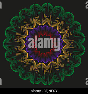 Flower mandala spirograph vector shape features colorful neon line. It represents creative abstract ornament. Stock Vector