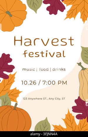 Autumn festival event flyer with fall season harvest and fall leaves on ...